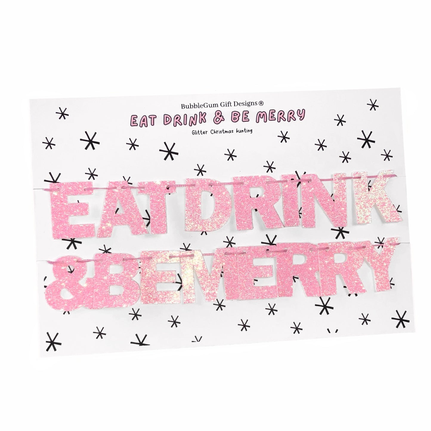 Mini Eat drink and be merry Christmas bunting, Pink glitter sparkly festive pink garland Christmas party decoration