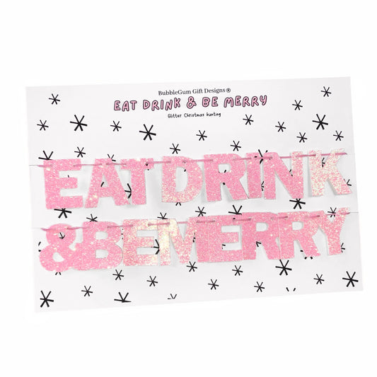 Mini Eat drink and be merry Christmas bunting, Pink glitter sparkly festive pink garland Christmas party decoration