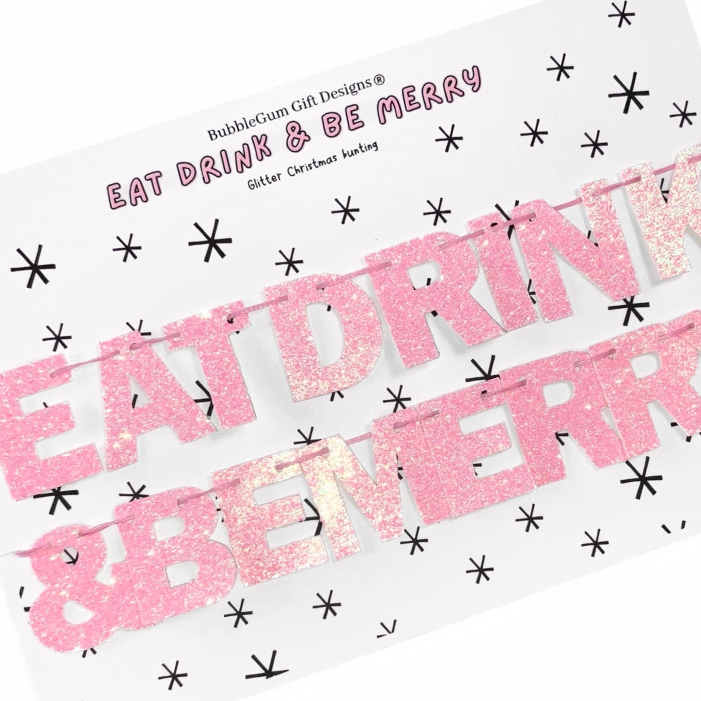 Mini Eat drink and be merry Christmas bunting, Pink glitter sparkly festive pink garland Christmas party decoration