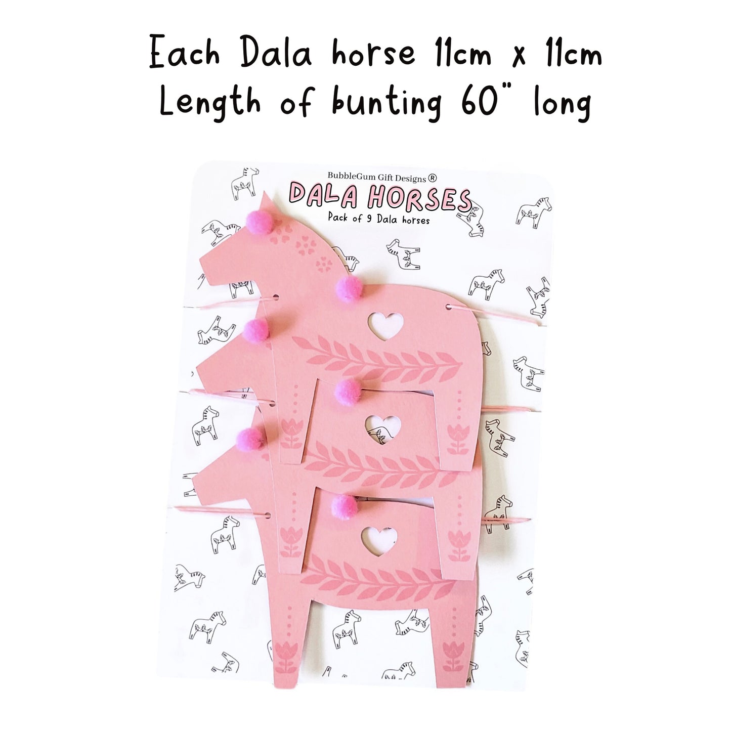 Pink Christmas Swedish Dala horse garland with pom poms, hugge Magical symbol of good luck, traditional Norwegian