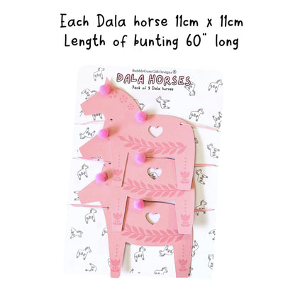 Pink Christmas Swedish Dala horse garland with pom poms, hugge Magical symbol of good luck, traditional Norwegian