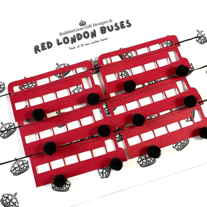 Mini double decker bus bunting, London bus transportation party, Cute red buses with pom pom wheels for baby bus first birthday