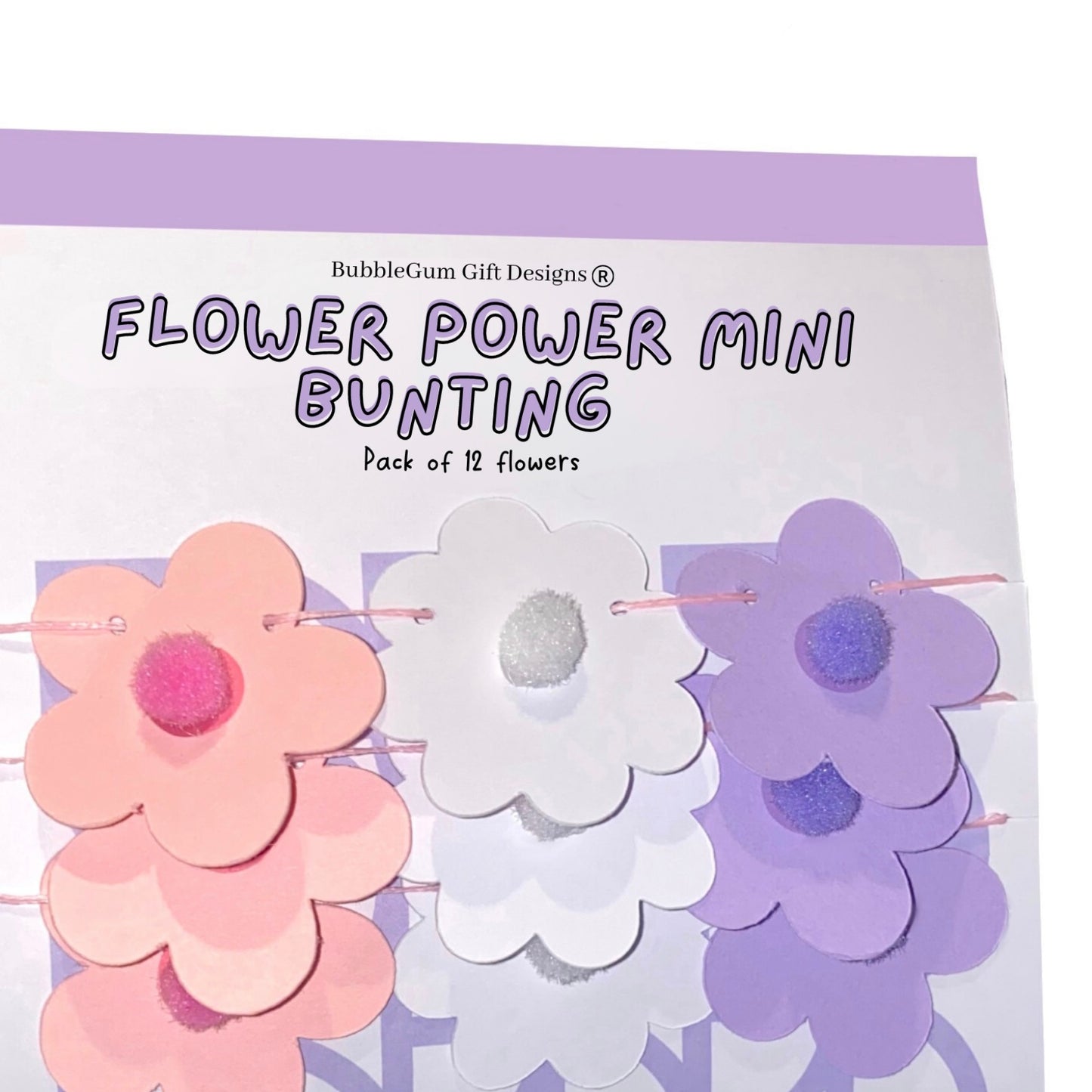 Mini spring flower mini bunting, Pastel pink, purple white pom pom flowers