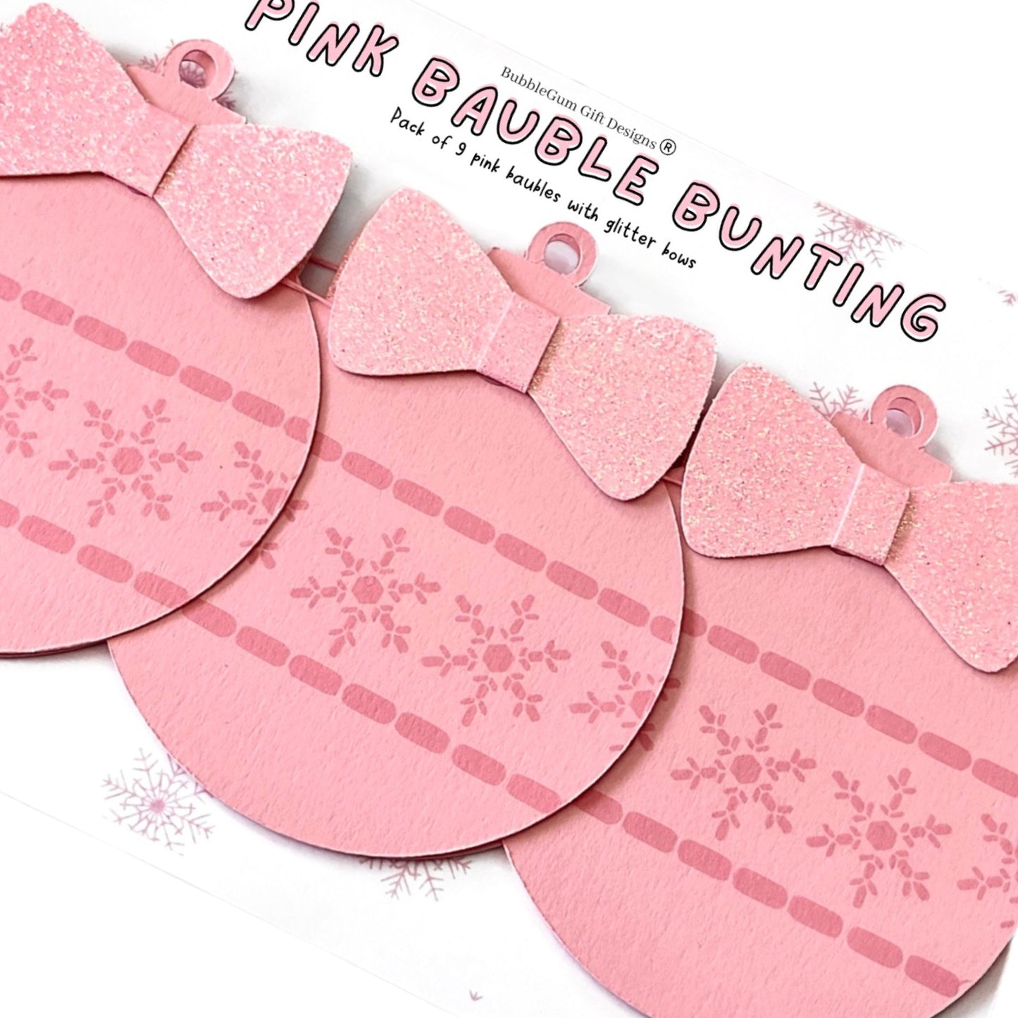 Pink baubles snowflake design Christmas decoration with pink glitter bow Christmas garland Shabby chic Christmas style