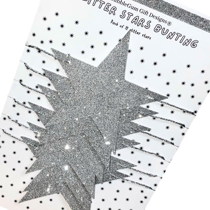 Silver glitter stars bunting with silver metallic string