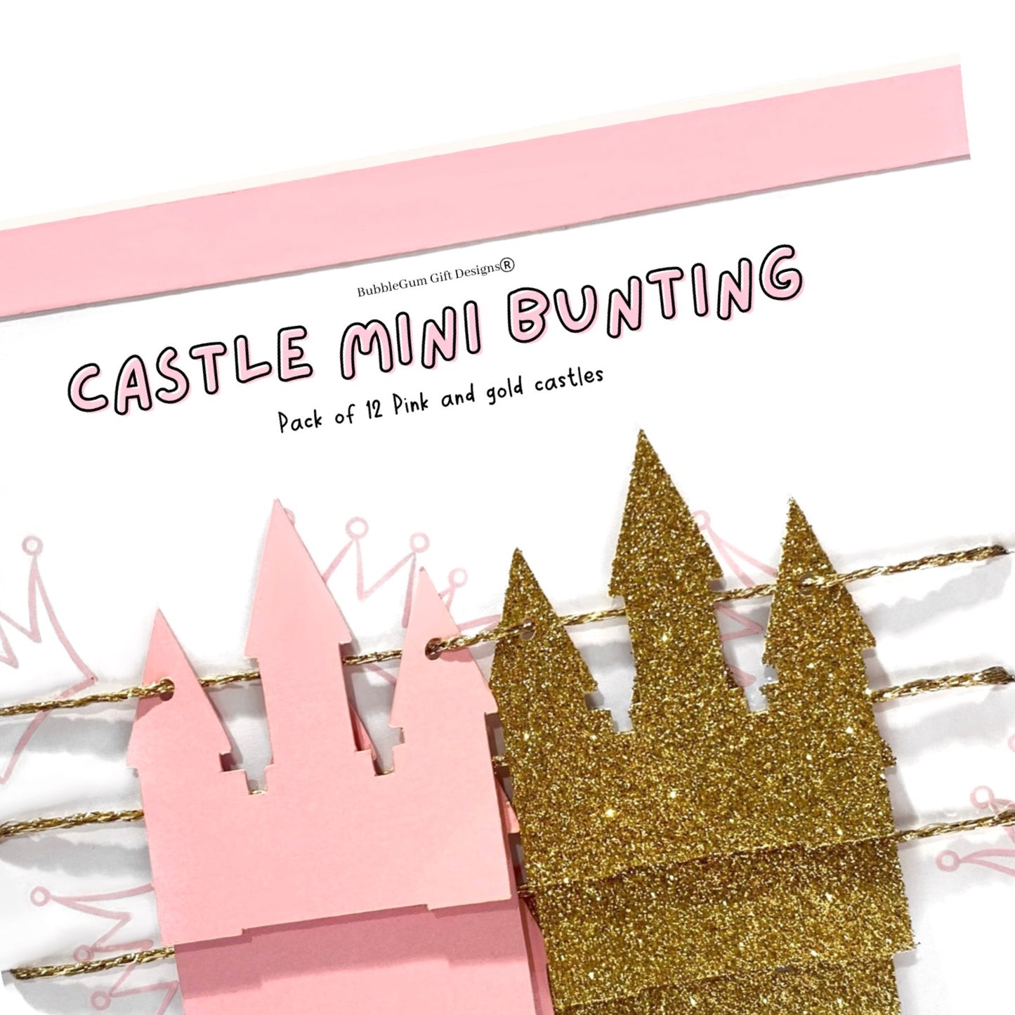 Mini Princess castle garland, Fairy tale princess theme party, Pink and gold castle mini bunting, Princess baby shower shelf decor