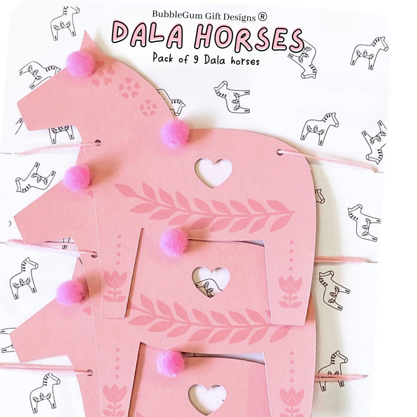 Pink Christmas Swedish Dala horse garland with pom poms, hugge Magical symbol of good luck, traditional Norwegian