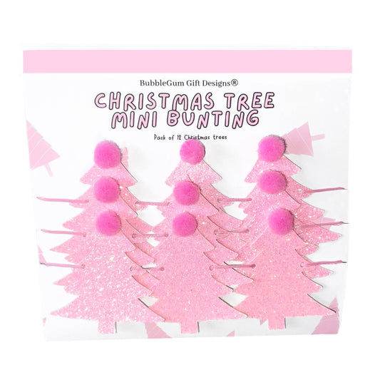 Pink Christmas tree mini bunting with pink Pom poms festive Christmas garland kitsch Christmas glitter decoration