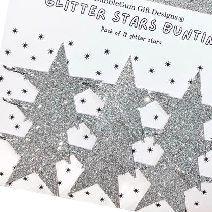 Silver glitter stars bunting with silver metallic string