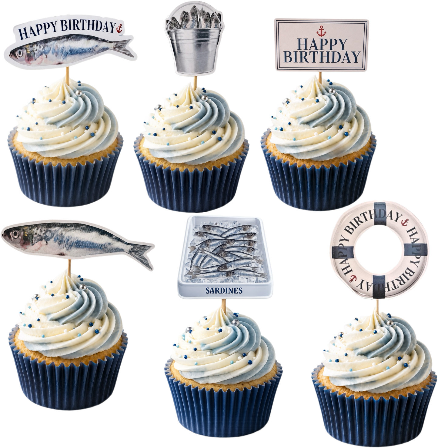 Sardine cupcake toppers nautical theme birthday party Funny seaside fish cupcake decorations