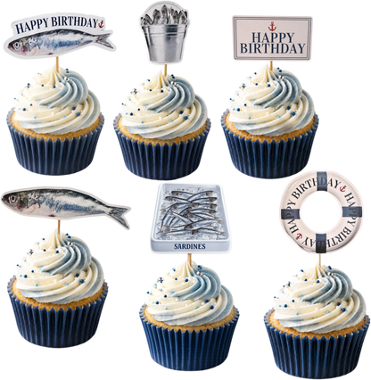 Sardine cupcake toppers nautical theme birthday party Funny seaside fish cupcake decorations