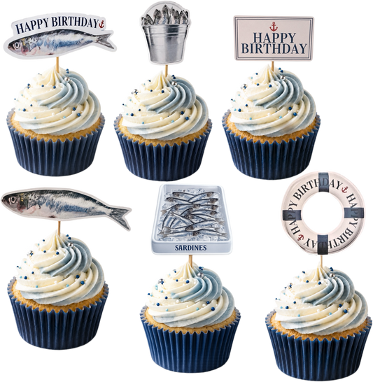 Sardine cupcake toppers nautical theme birthday party Funny seaside fish cupcake decorations