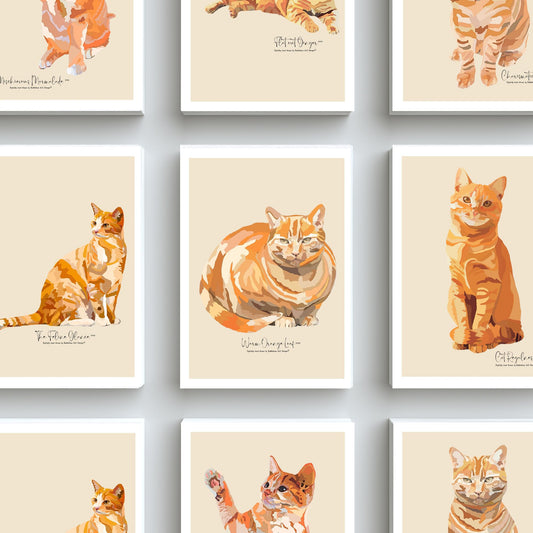 Ginger cat portrait postcards, Digitally hand drawn cat illustration postcard set, Cat artwork post cards for cat lover gift