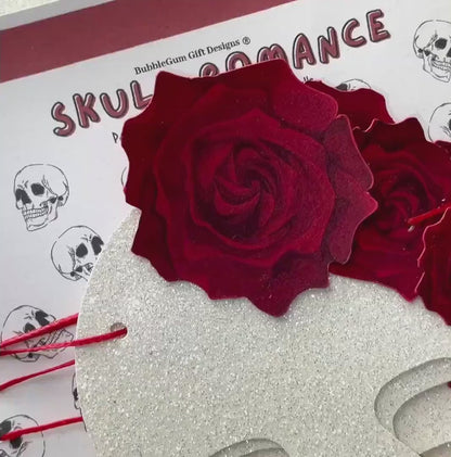 White glitter Skull banner with red roses, Gothic wall decor for spooky season, Skulls Halloween garland