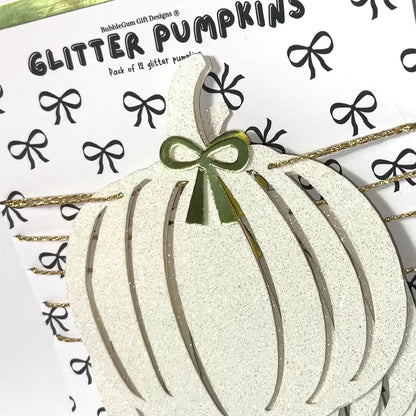 Farmhouse white pumpkin garland with gold bows, Autumn glitter fall pumpkin or Halloween decoration