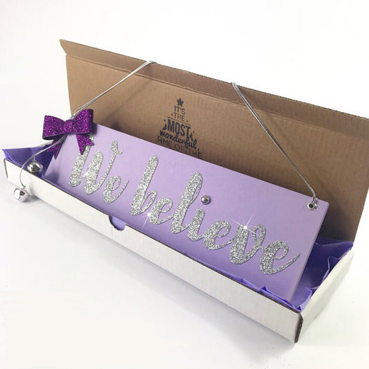 We believe sign Christmas Decoration, Silver purple with glitter Bow, Christmas Eve magic with jingle Bells