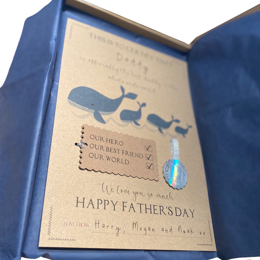 Fathers Day award certificate personalised, A4 blue whale family theme for best dad ever