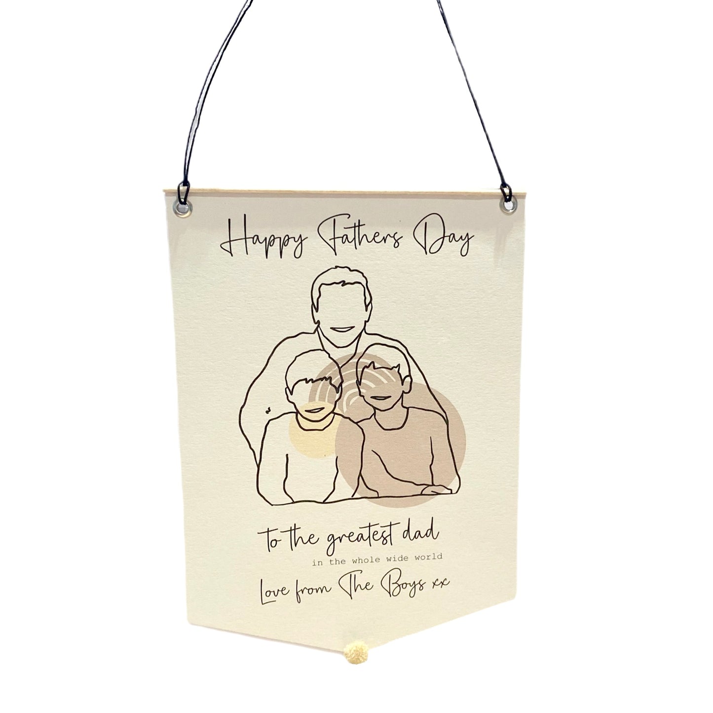 Dad and sons banner flag, Digital drawing Fathers Day gift in neutral beiges, Letterbox gift for him from older boys