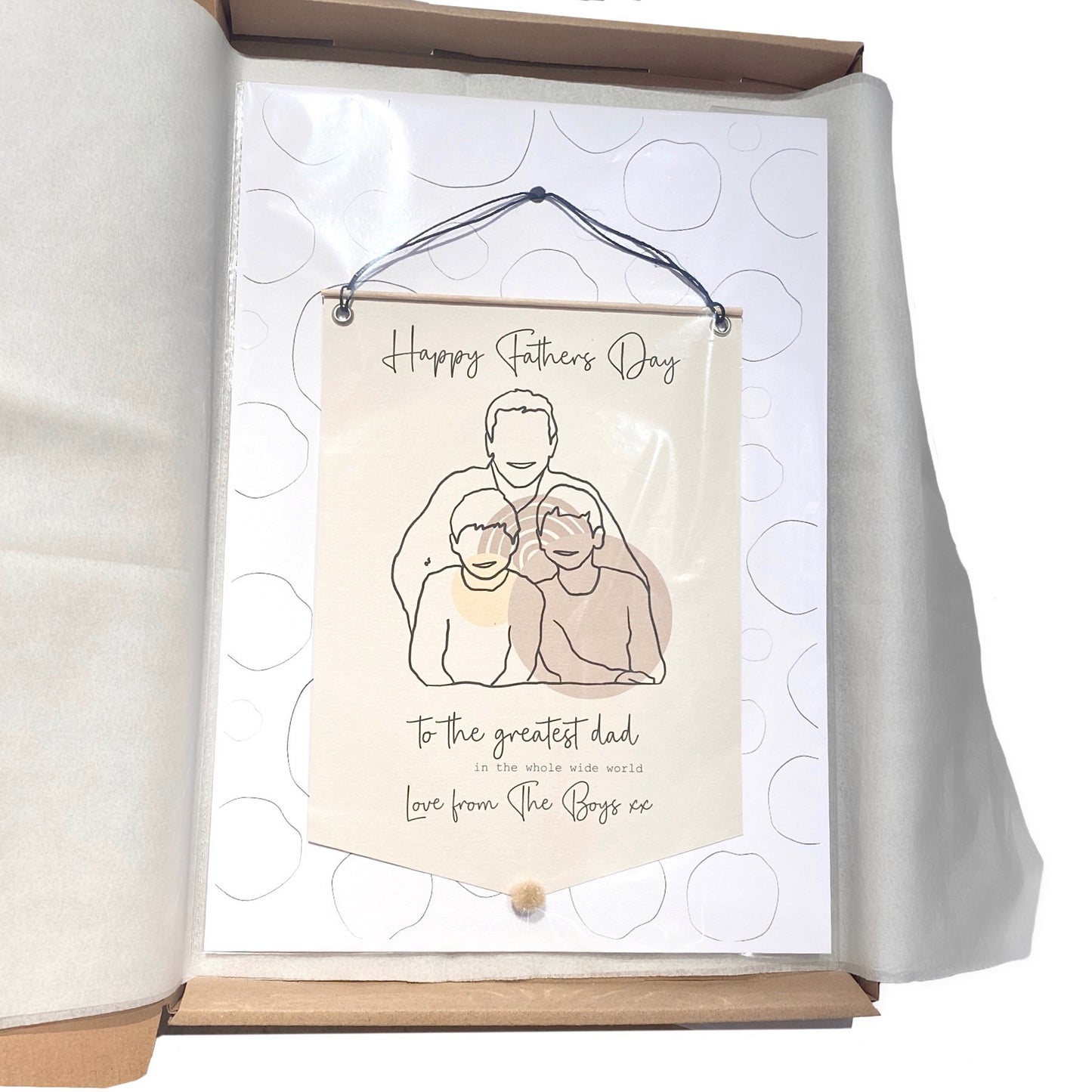 Dad and sons banner flag, Digital drawing Fathers Day gift in neutral beiges, Letterbox gift for him from older boys