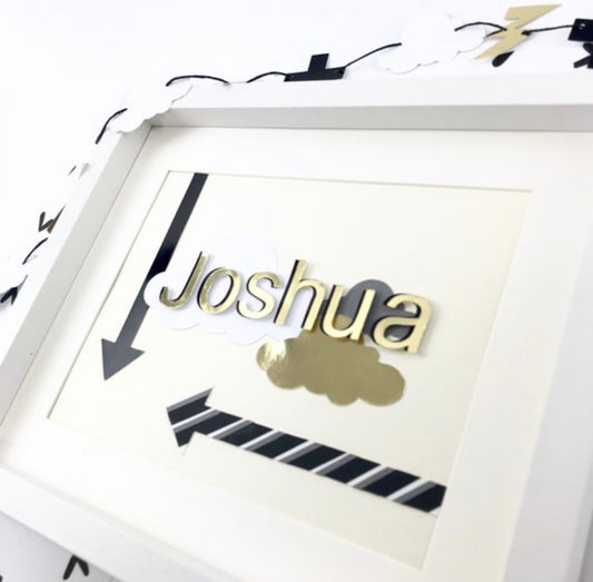 Personalised name frames for kids room decor, Letter art childrens, Arrow wall decor framed, Double layer gold letters