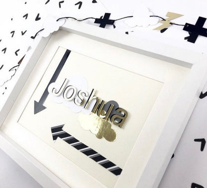 Personalised name frames for kids room decor, Letter art childrens, Arrow wall decor framed, Double layer gold letters