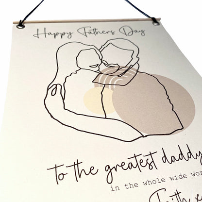 Daddy and daughter outline drawing Fathers Day gift from daughter neutral tones print pennant flag modern minimal background and pom pom