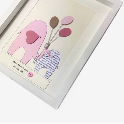 Personalised baby girl frame, Cute baby elephant newborn gift with names and date of birth, Its a girl precious keepsake