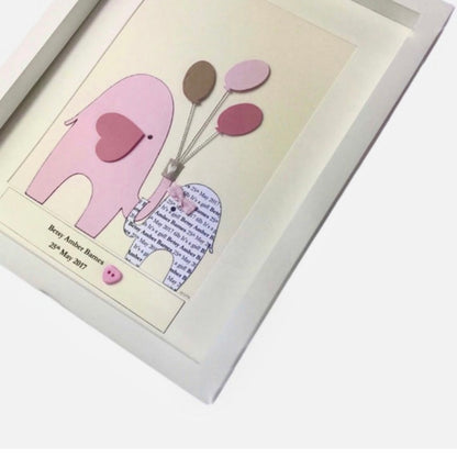 Personalised baby girl frame, Cute baby elephant newborn gift with names and date of birth, Its a girl precious keepsake