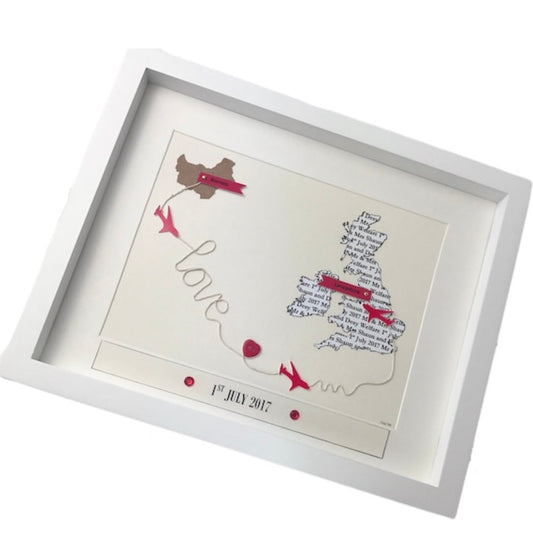 Custom wedding map with aeroplanes and string words Getting married abroad story map