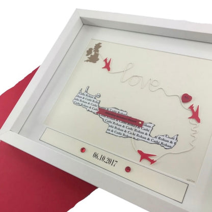 Custom wedding map with aeroplanes and string words Getting married abroad story map