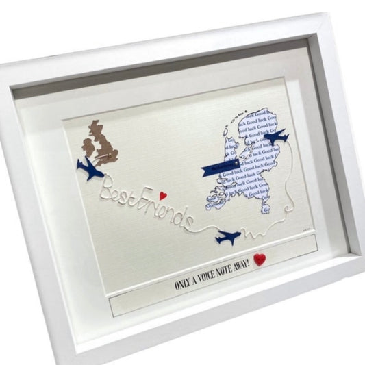 Long distance friendship gift, Map print framed for far away friends, Two location map words with friends