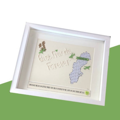 Long distance friendship gift, Map print framed for far away friends, Two location map words with friends