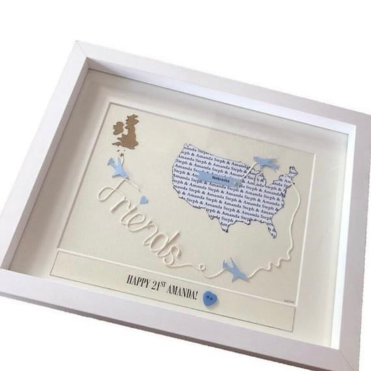 Long distance friendship gift, Map print framed for far away friends, Two location map words with friends