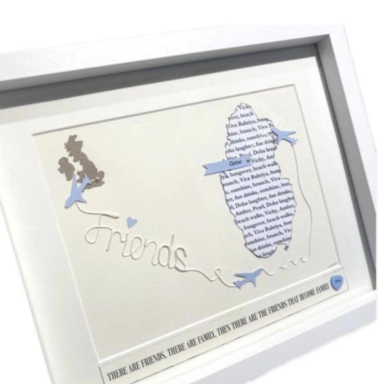 Long distance friendship gift, Map print framed for far away friends, Two location map words with friends