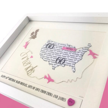 Long distance friendship gift map print framed, Words with friends far away, Two location map with custom string art