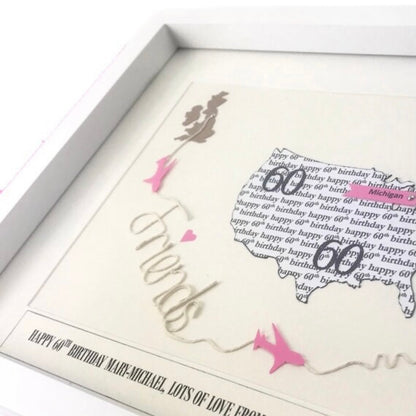 Long distance friendship gift map print framed, Words with friends far away, Two location map with custom string art