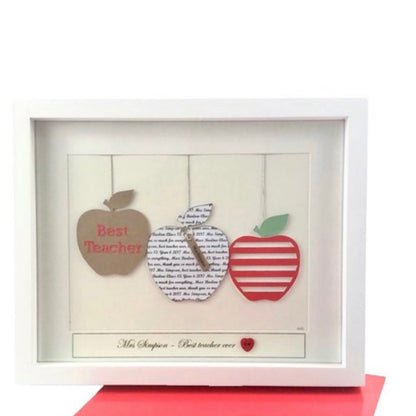 Teacher appreciation print, Last day of school teacher gift, Personalised teacher frame trio of apples with best teacher name