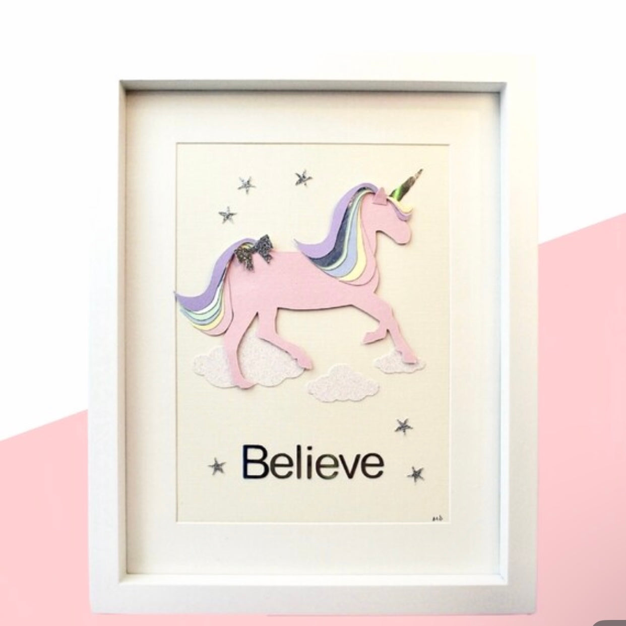 Pink unicorn with pastel rainbow hair on glitter clouds, Girly Unicorn art for kids room