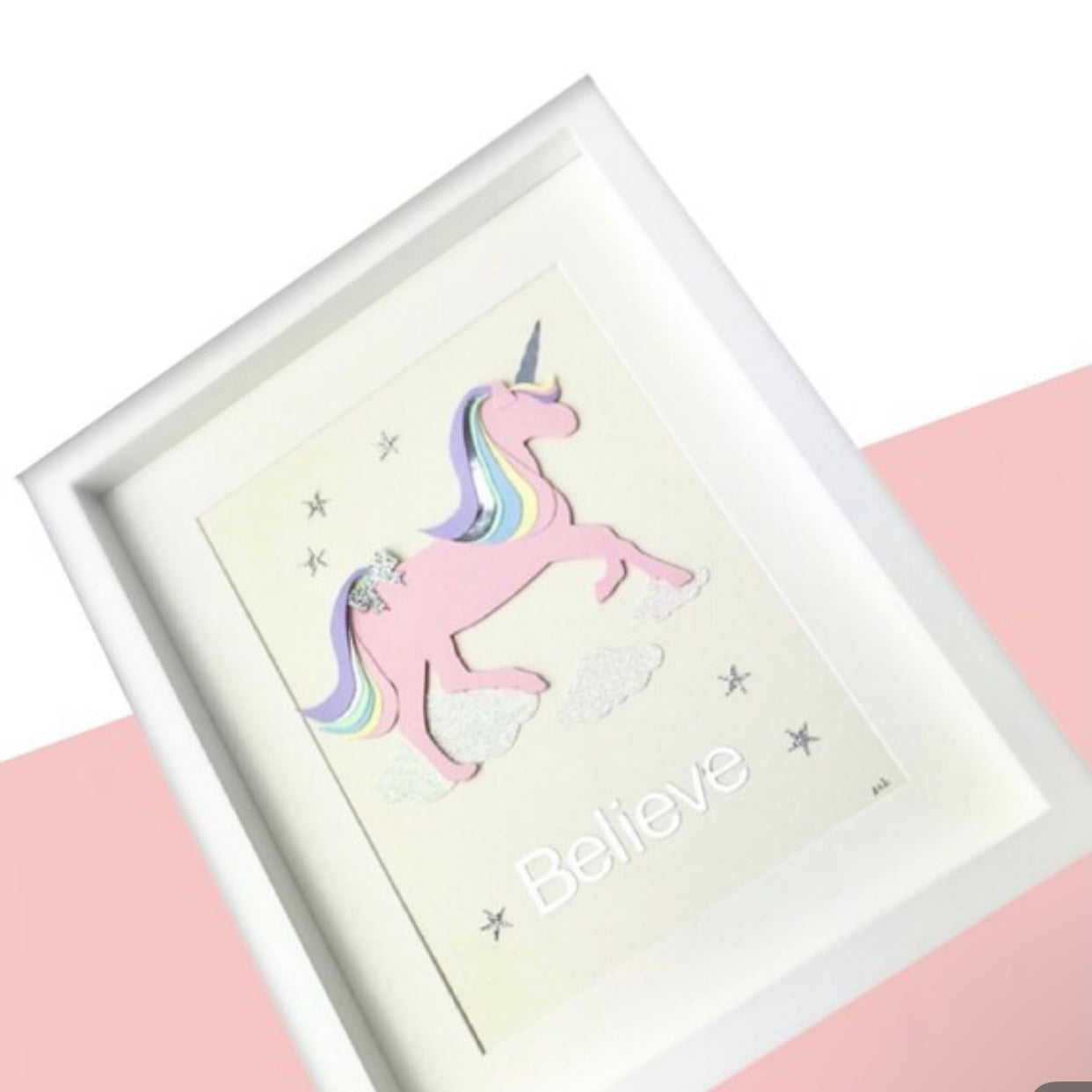 Pink unicorn with pastel rainbow hair on glitter clouds, Girly Unicorn art for kids room