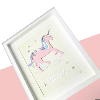 Pink unicorn with pastel rainbow hair on glitter clouds, Girly Unicorn art for kids room