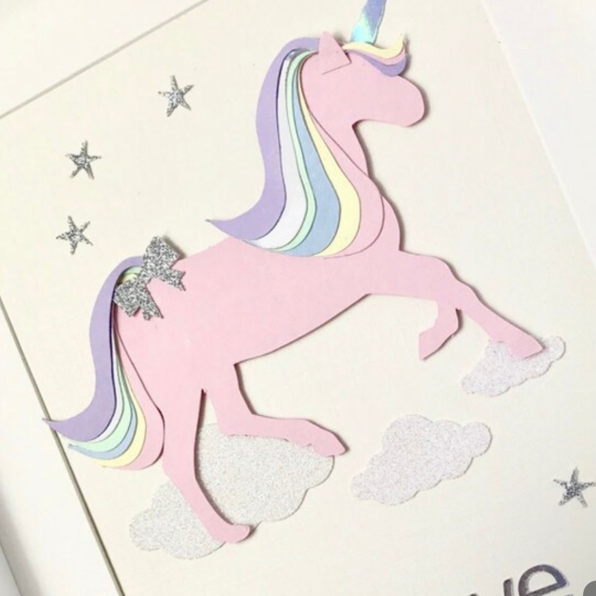 Pink unicorn with pastel rainbow hair on glitter clouds, Girly Unicorn art for kids room