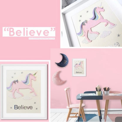 Pink unicorn with pastel rainbow hair on glitter clouds, Girly Unicorn art for kids room