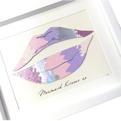 Quirky mermaid lips wall art, Mermaid decor for girls handmade, Pink and purple lips for bedroom wall