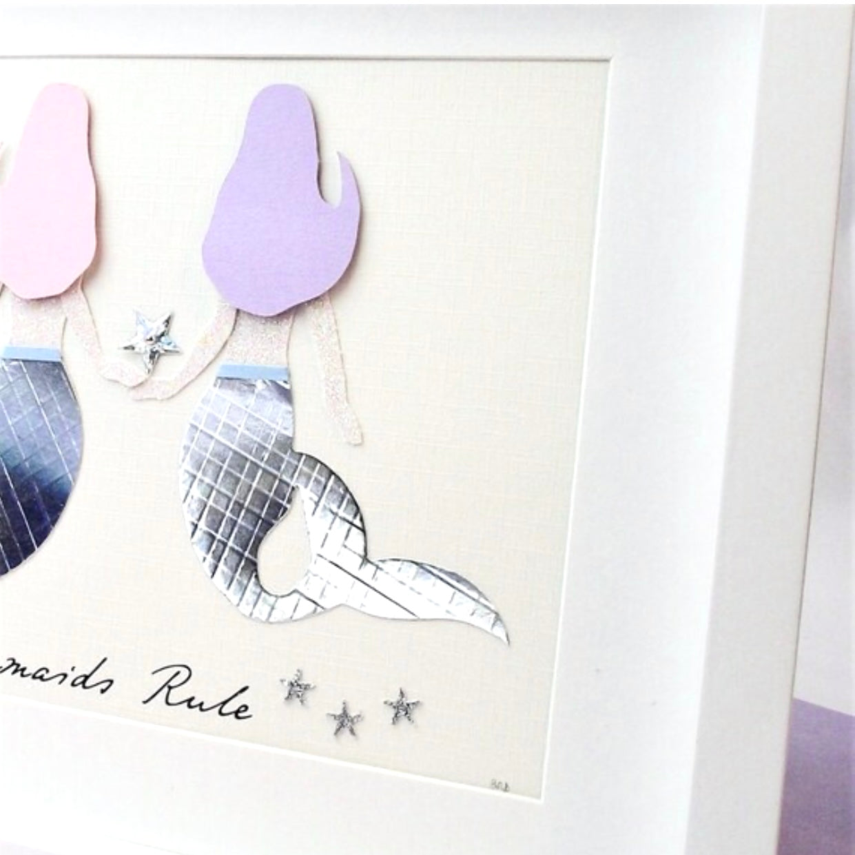 Mermaids holding hands artwork, Whimsical mermaid wall art for girls sharing friendship star with iridescent tails