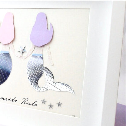 Mermaids holding hands artwork, Whimsical mermaid wall art for girls sharing friendship star with iridescent tails