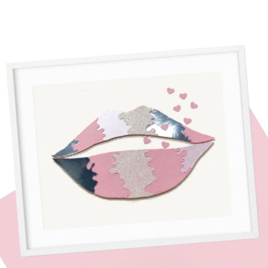 Original textured Pink lips framed wall art, pink and silver, funky wall decor, Lips blowing heart kisses
