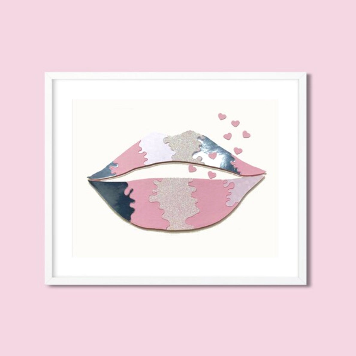 Original textured Pink lips framed wall art, pink and silver, funky wall decor, Lips blowing heart kisses