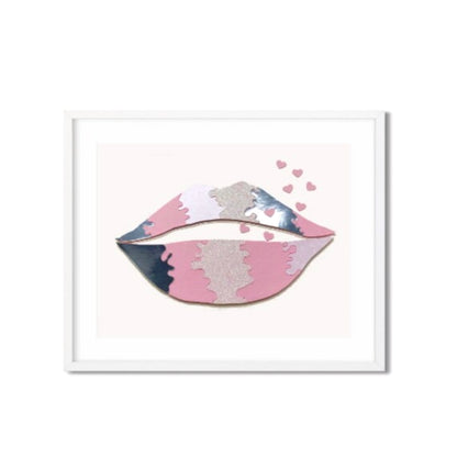 Original textured Pink lips framed wall art, pink and silver, funky wall decor, Lips blowing heart kisses