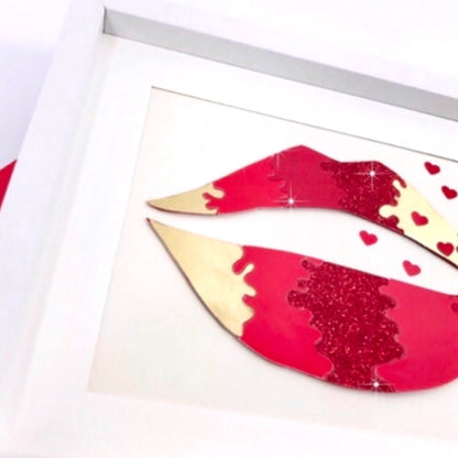 Red lips wall art handmade, Minimalist lips artwork, Pop culture wall art with frame