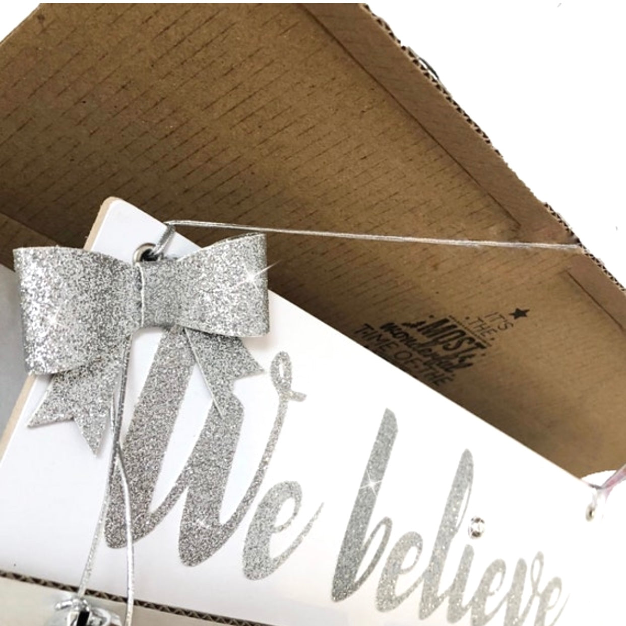 White We Believe sign Christmas decoration, Christmas sign winter white and silver, with bells and glitter bow